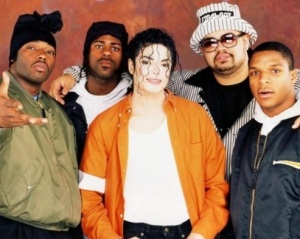 Michael posing with late, great hip hop pioneer Heavy D. , who has a verse in MJ's song, "Jam", and legendary hip hop group Naughty By Nature, who sampled the Jackson 5 with their #1 hit, "O.P.P." back in the early '90's.